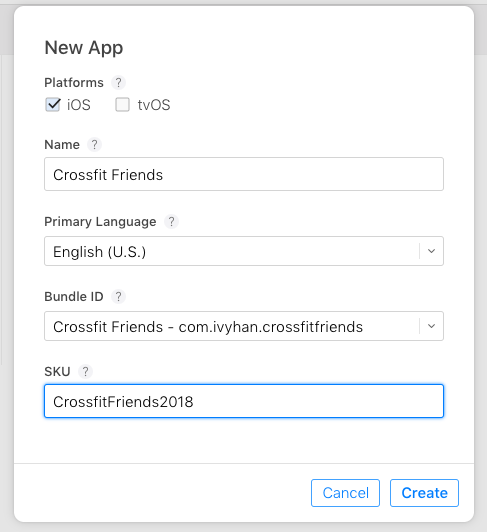 Create new app in iTunesConnect